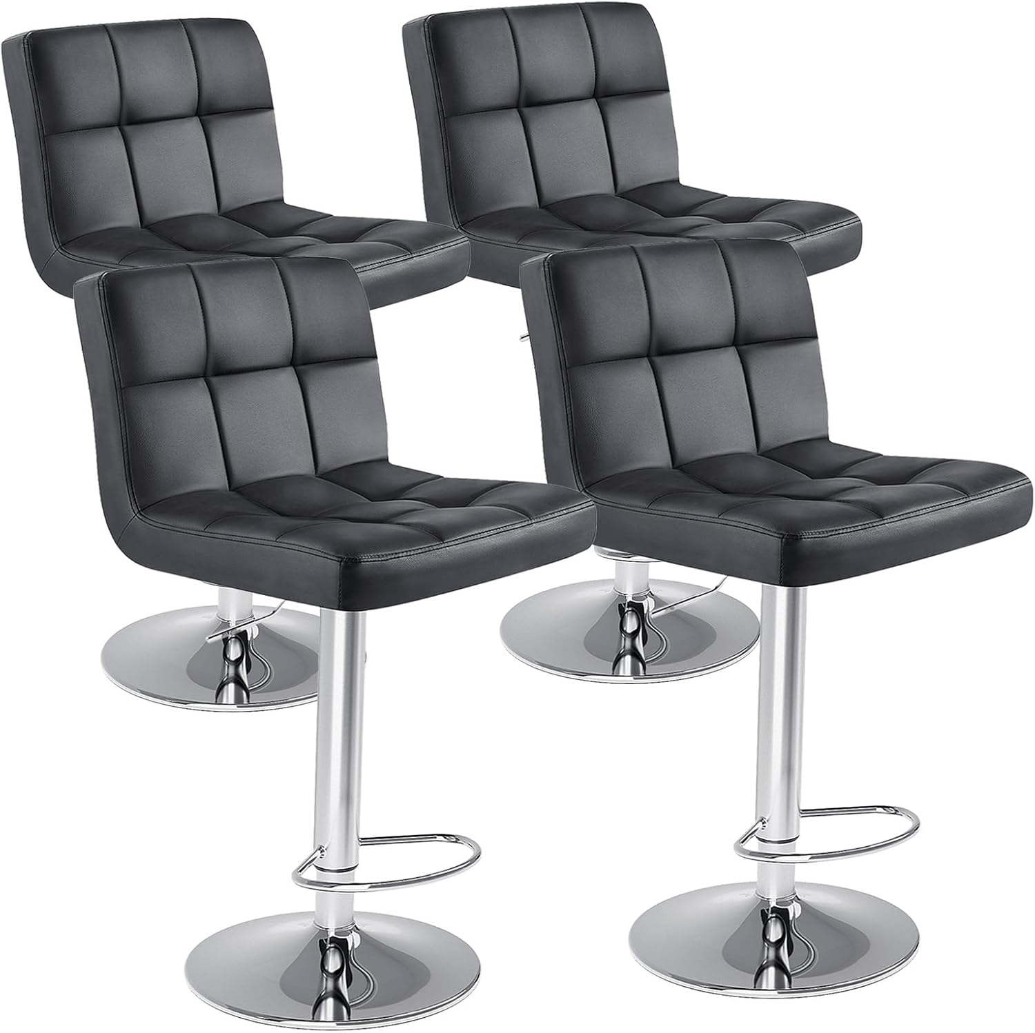 Bar Stools Set of 2, Armless PU Leather Adjustable Swivel Barstools, Hydraulic Kitchen Counter Height Thickened Seat Cushion Square Island Countertop Chairs with Back, Black
