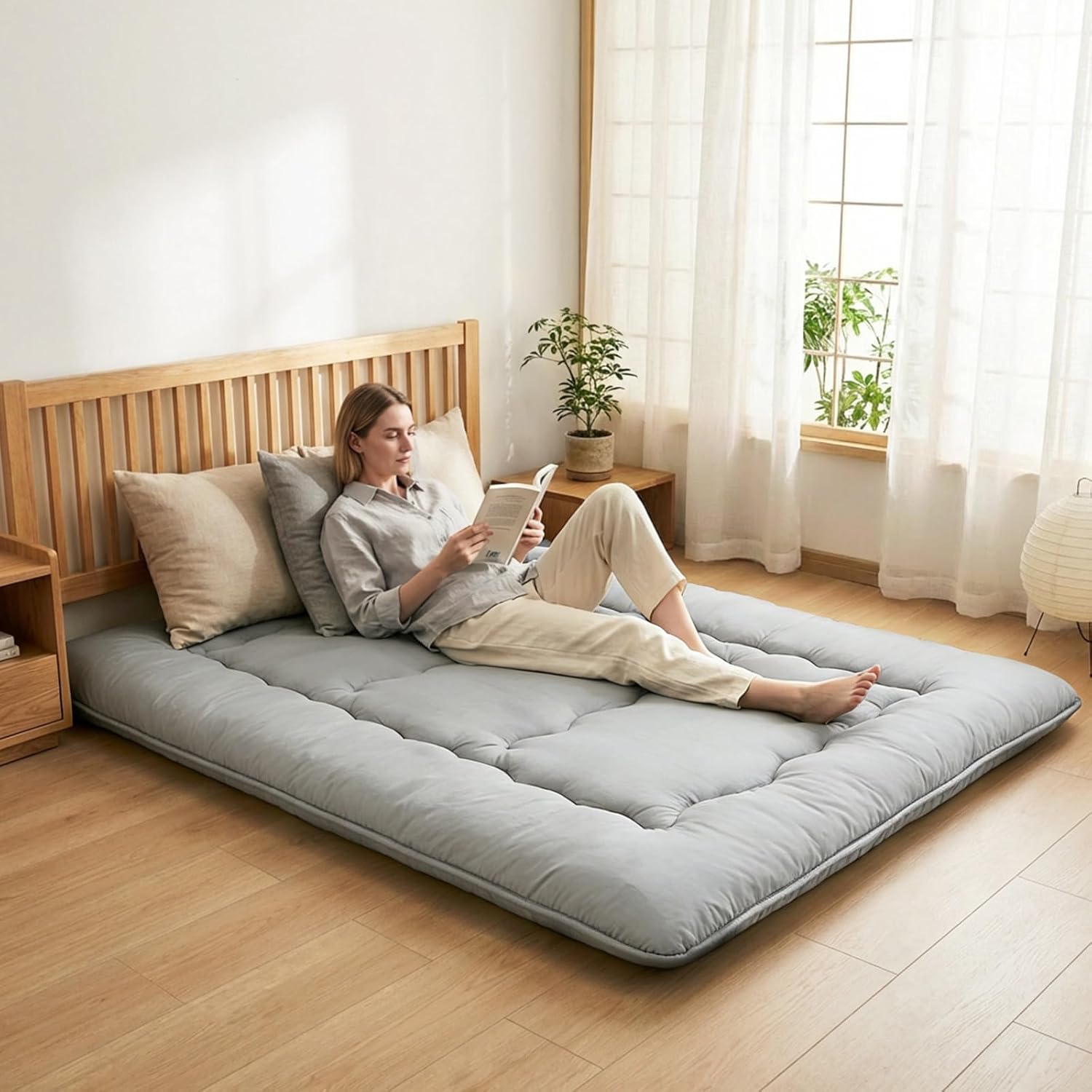 Japanese Floor Mattress Full Size, Futon Mattress Foldable with Removable Washable Cover, Portable Roll Up Tatami Mat for Guest Room, Studio Apartment, Camping and Adult, Gray