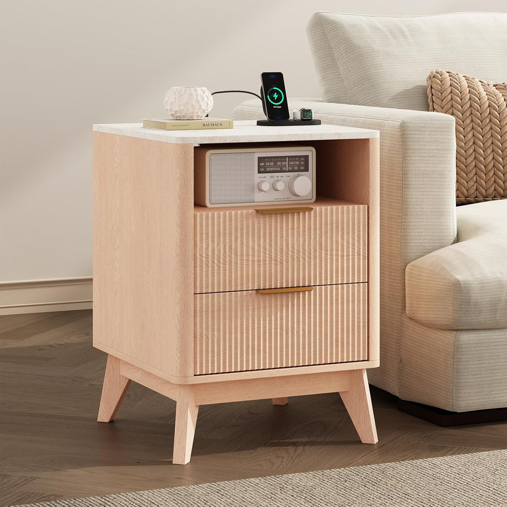 Night Stand Set of 2 with Charging Station, 18 Bedside Table with 2 Drawers, Modern Fluted Wood End Table with 2 AC Outlet 1 USB 1 Type-C, Mid Century Nightstand for Bedroom