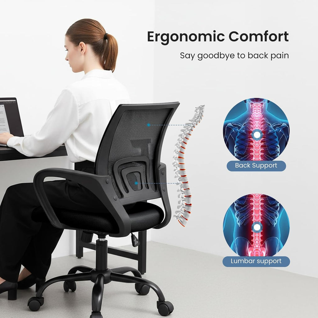 Office Desk Chair - Ergonomic Mid Back with Lumbar Support & Rocking Mode, Height Adjustable with Fixed Armrest, Storage Back for Computer, Gaming, Conference, Meeting, 360?? Swivel, Black