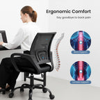 Office Desk Chair - Ergonomic Mid Back with Lumbar Support & Rocking Mode, Height Adjustable with Fixed Armrest, Storage Back for Computer, Gaming, Conference, Meeting, 360?? Swivel, Black