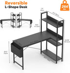 L Shaped Desk Corner Computer Table 47 Inch, L-Shaped Gaming Desks with Storage Shelf Reversible, Wood Tables with Side Bag Adjustable Feet for 2 Monitors Small Space Home Office Bedroom, Black
