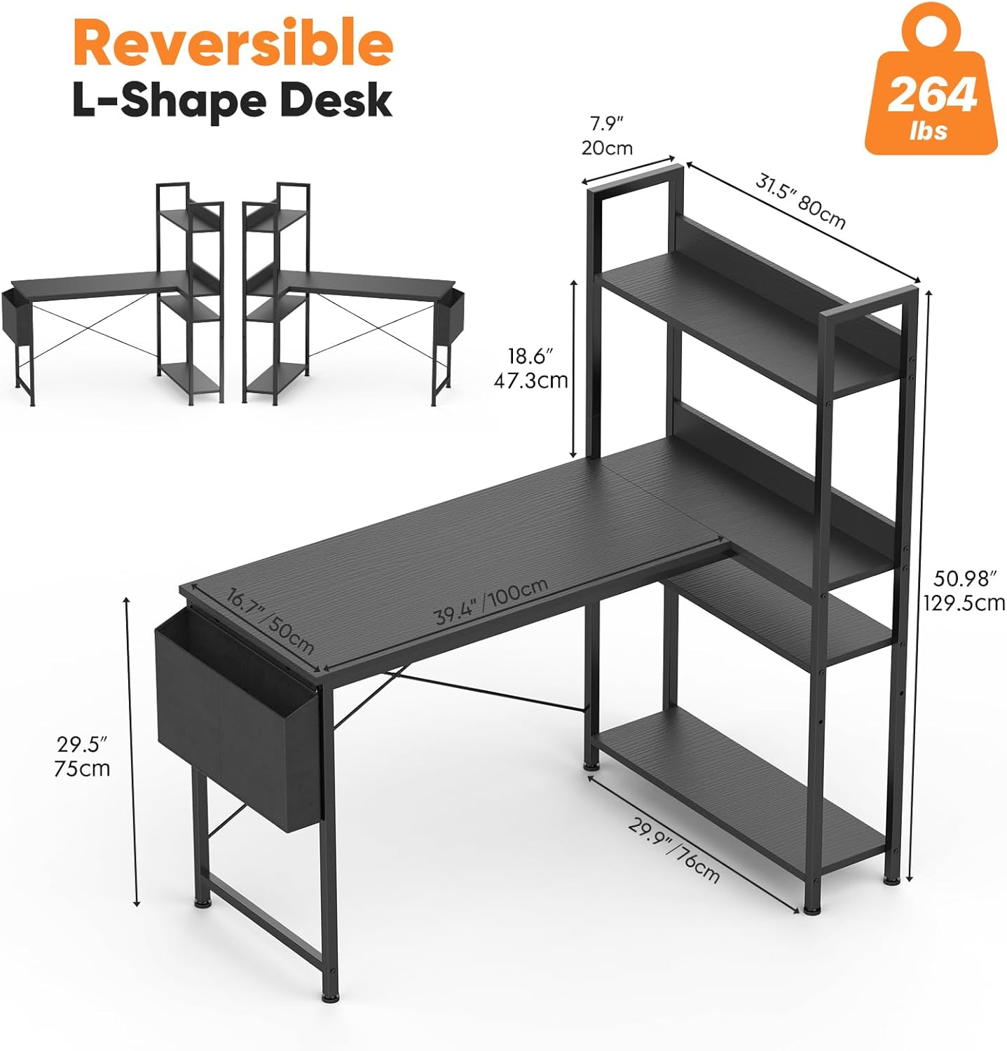 L Shaped Desk Corner Computer Table 47 Inch, L-Shaped Gaming Desks with Storage Shelf Reversible, Wood Tables with Side Bag Adjustable Feet for 2 Monitors Small Space Home Office Bedroom, Black
