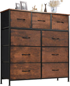 Dresser for Bedroom with 9 Storage Drawers, Large Fabric Storage Tower Organizer, Chest of Drawers with Metal Frame Wooden Top for Closet, Living Room, Entryway, Brown