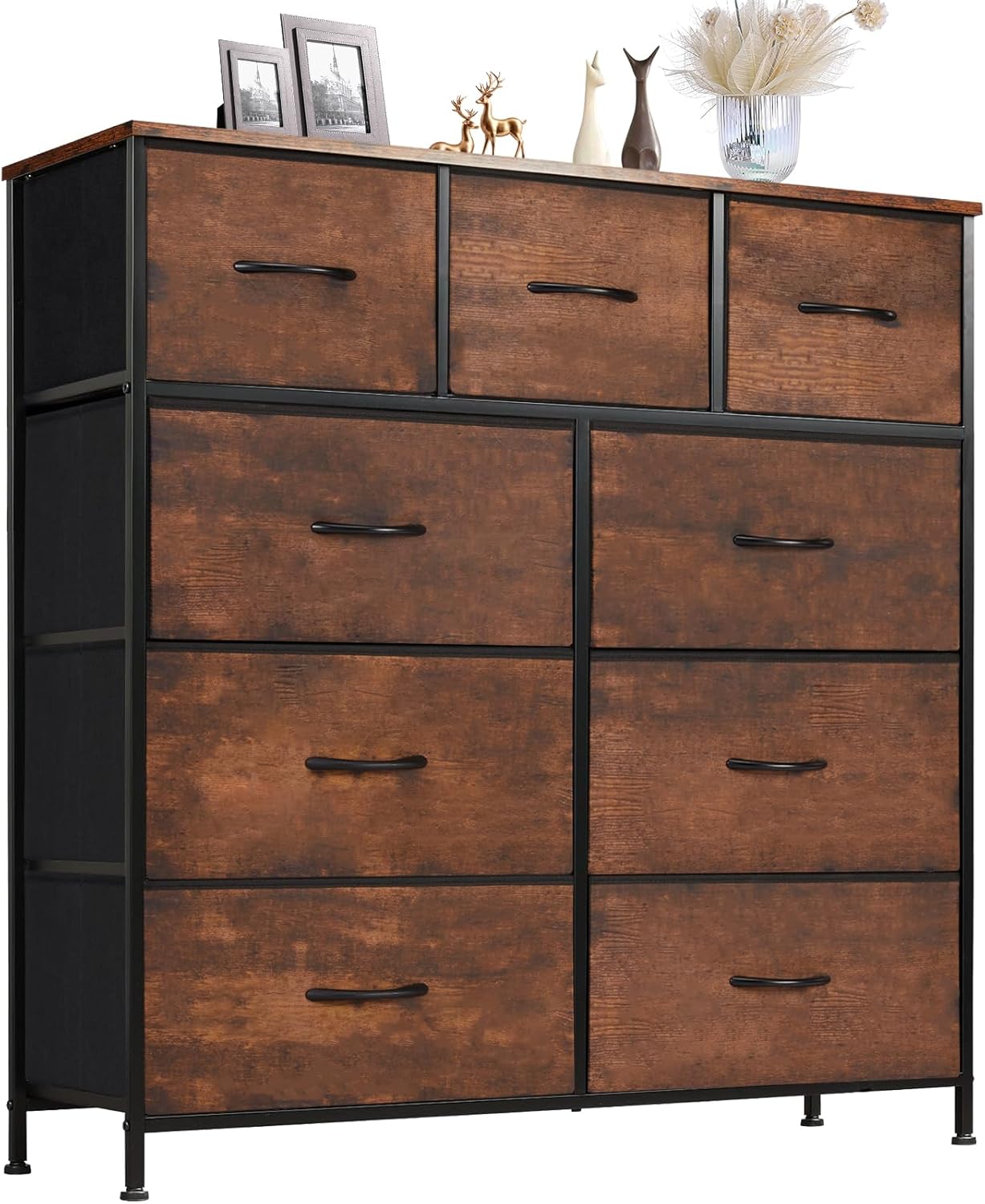 Dresser for Bedroom with 9 Storage Drawers, Large Fabric Storage Tower Organizer, Chest of Drawers with Metal Frame Wooden Top for Closet, Living Room, Entryway, Brown