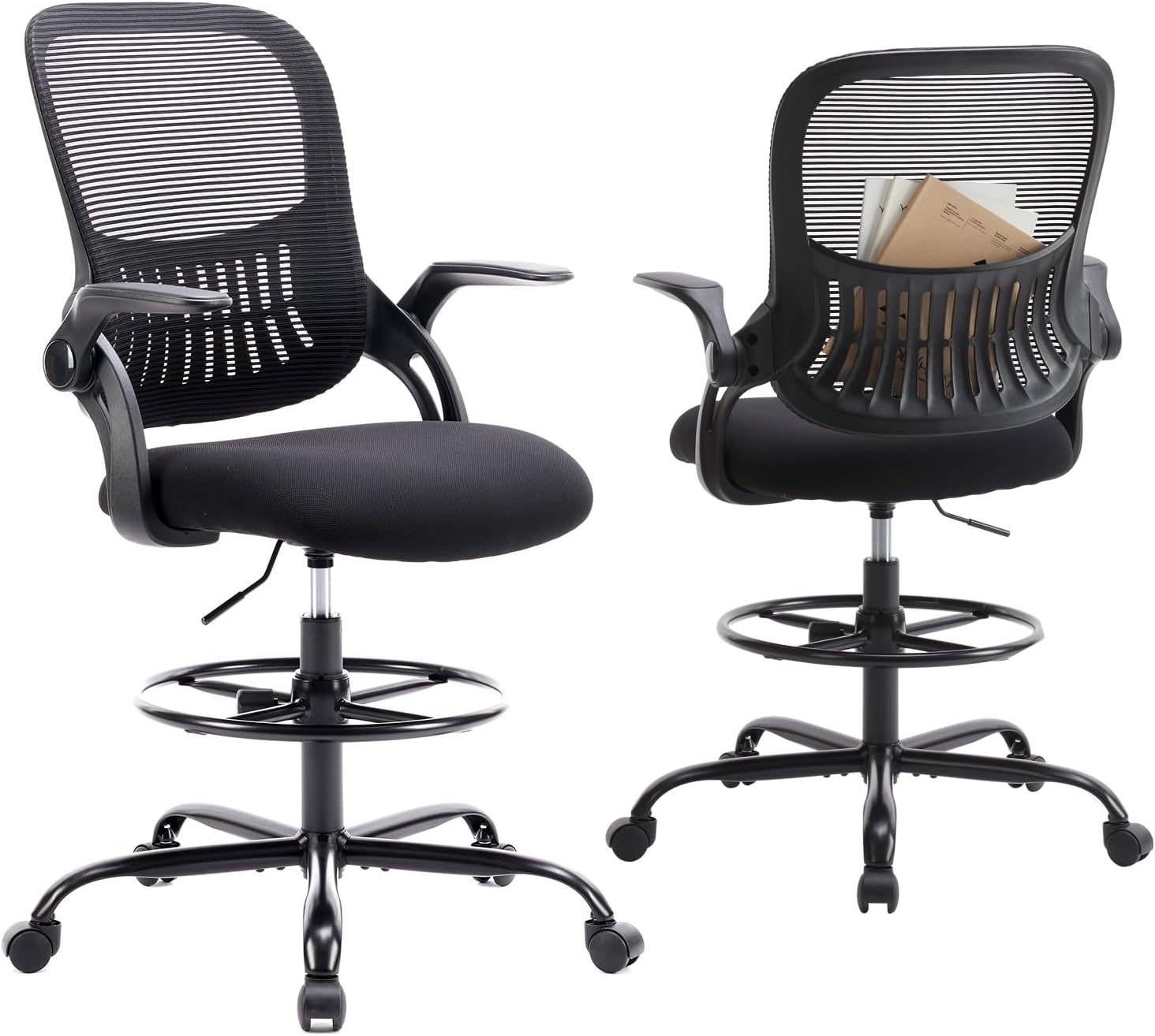 Drafting Chair for Standing Desk, Counter Height Adjustable, Flip-up Arms, Ergonomic Mid Back Mesh Rolling Work Swivel Office Computer Chairs with Wheels, Grey