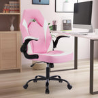 Ergonomic Computer Gaming Chair - Home Office Desk with PU Leather Lumbar Support, Height Adjustable Big and Tall Video Game with Flip-up Armrest, Swivel Wheels for Adults, White and Pink