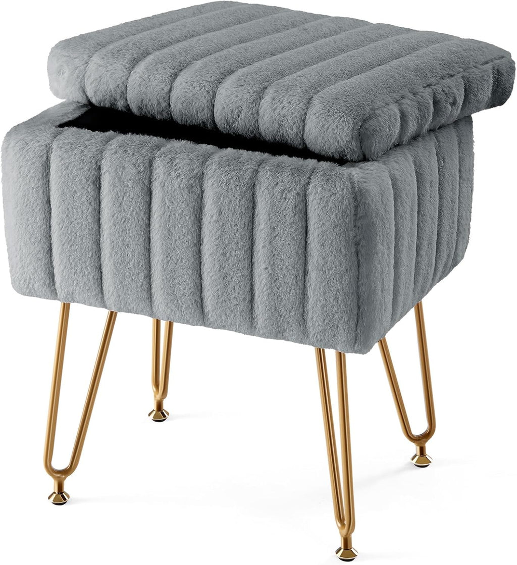 Vanity Stool Chair with Storage, 18.9??H x 16??L x 12.2??W Ottoman Chair Faux Fur Soft Padded Makeup Footstools Seat with 4 Metal Legs Anti-Slip Adjustable Feet for Make Up, Grey
