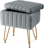 Vanity Stool Chair with Storage, 18.9??H x 16??L x 12.2??W Ottoman Chair Faux Fur Soft Padded Makeup Footstools Seat with 4 Metal Legs Anti-Slip Adjustable Feet for Make Up, Grey