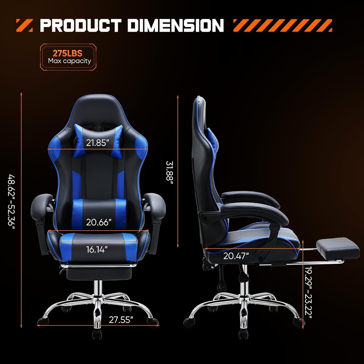 Computer Video Game Desk Chair - Ergonomic Comfy Lumbar Support with Footrest, PU Leather Recliner with Headrest, Fixed Up Armrest, Height Adjustable and 360?? Swivel, for Adults, Blue