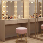 Velvet Vanity Stool, 350LBS Heavy-Duty Makeup Stool with 4CM Thick Cushion, Round Ottoman Footrest Chair for Bedroom, Bathroom, Dressing Table, Easy-Clean Soft Fabric, Pink