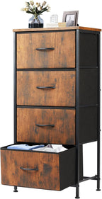 Nightstand with 4 Drawers Bedside Table with Removable Fabric Bins Sturdy Steel Frame Wood Top Organizer Furniture for Bedroom Closet Living Room