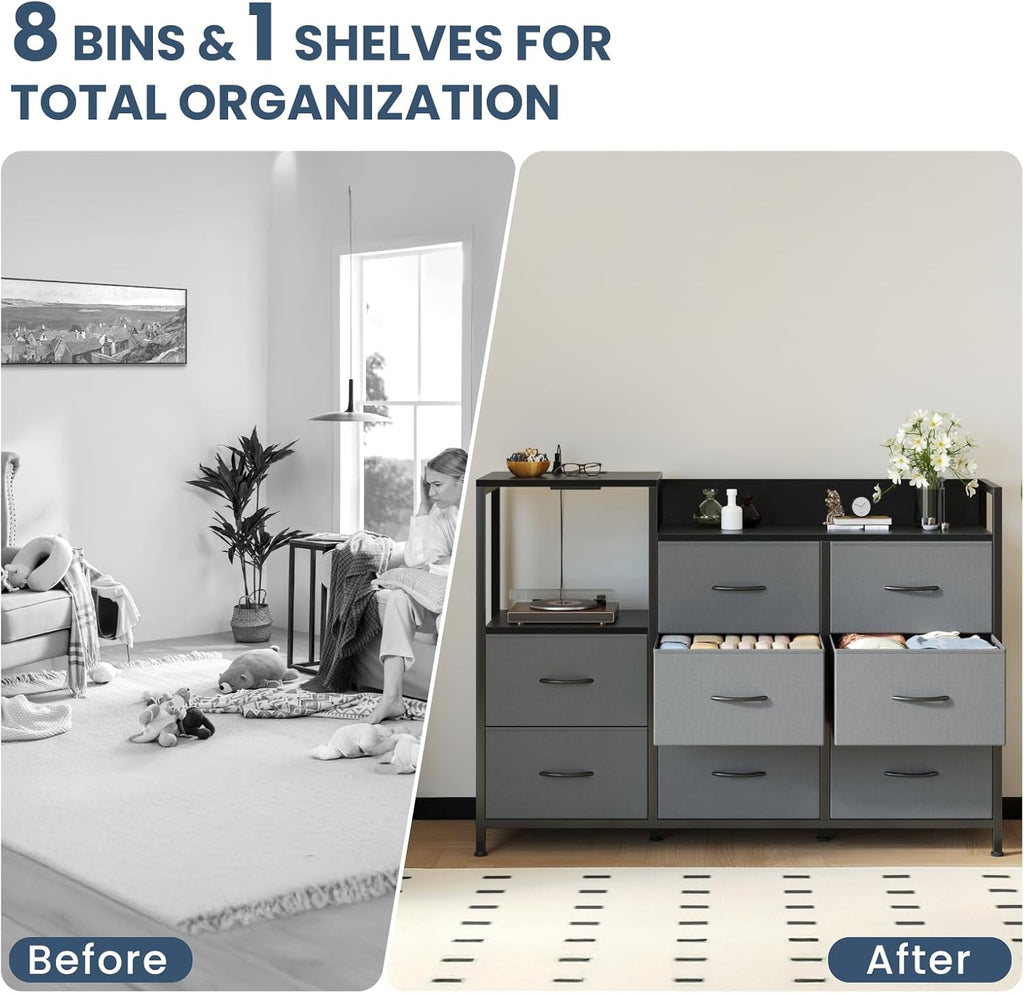 TV Stand Dresser with 8 Fabric Drawers & Open Shelves, TV Stand for Up to 45 inch TV with Wooden Top, Entertainment Center with Charging Station for Living Room, Hallway, Grey
