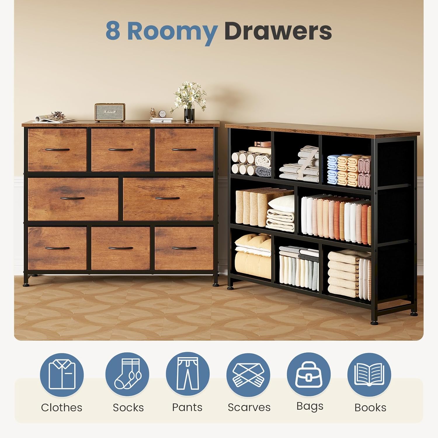 TV Stand, Dresser with 8 Fabric Drawers, Spacious Storage Tower for Closet, TV Stand with Wood Top and Mental Frame, Storage Unit for Living Rooms, Bedroom and Entryway, Brown