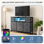 TV Stand Dresser with 8 Fabric Drawers and Open Shelves, LED Entertainment Center with Charging Station, Wood Top Media Console for 45-55 inch, Bedroom, Grey