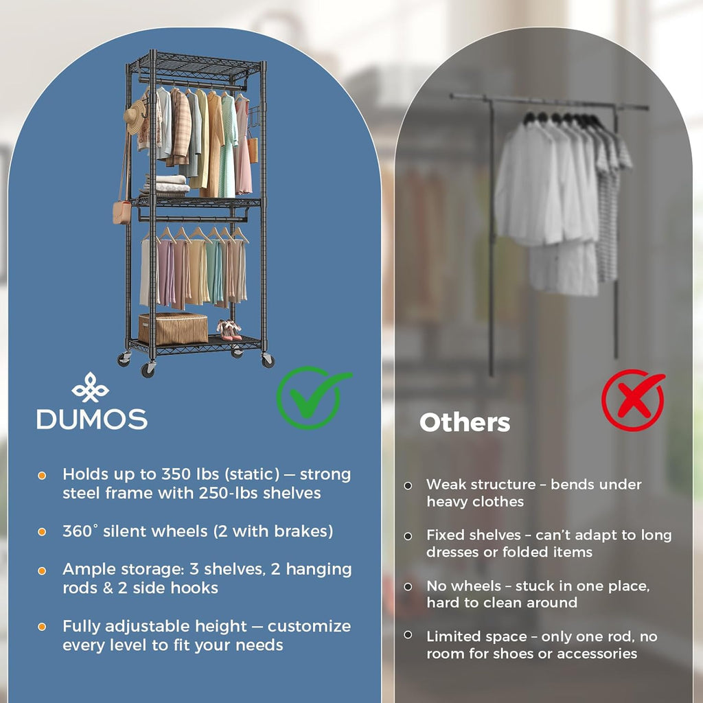Portable Closet, Rolling Clothes Rack, 29 x 15 x 75 Wardrobe Closet with Adjustable Shelves, Metal Garment Rack with Lockable Wheel, for Cloakroom, Bedroom Storage, Laundry Room, Black