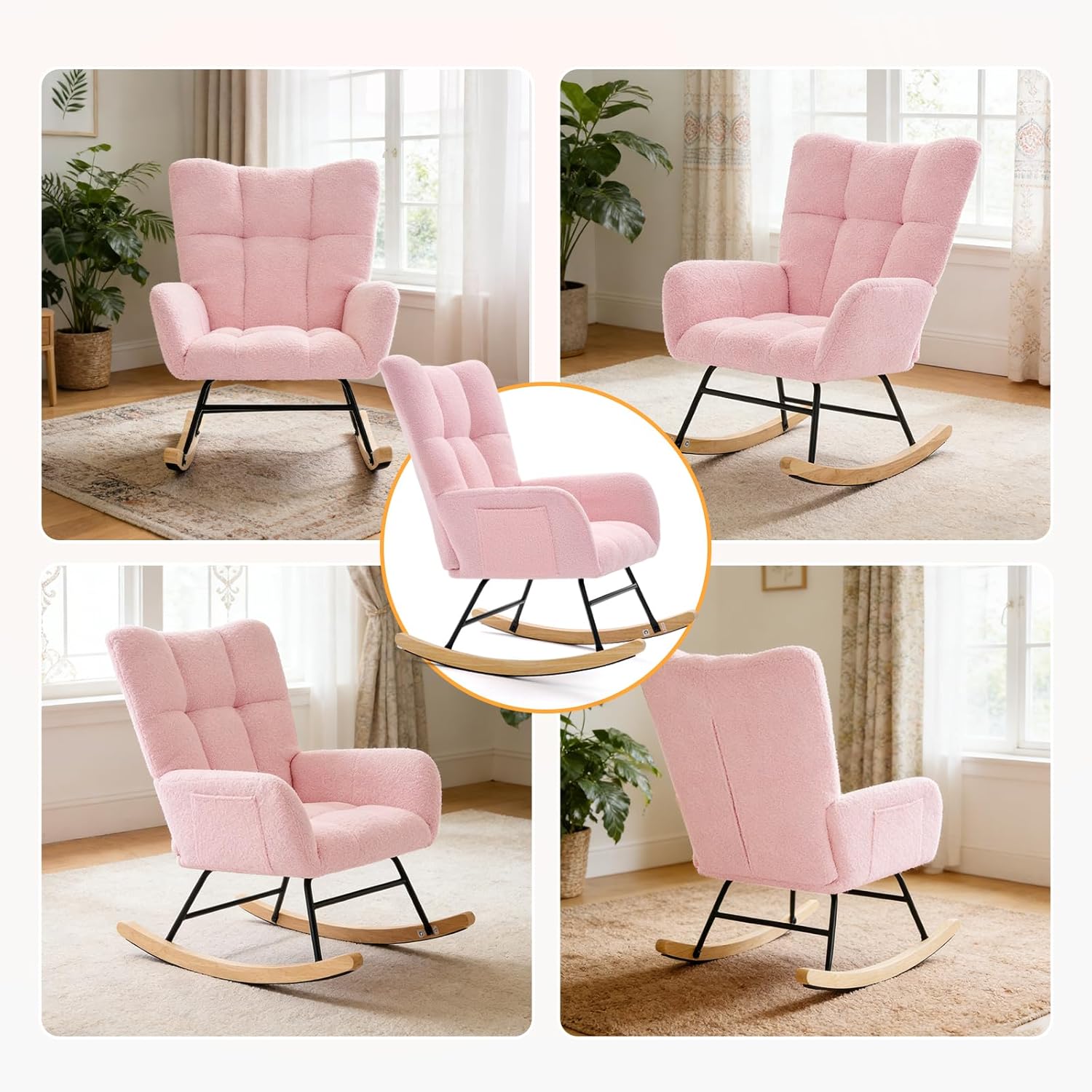 Nursery Rocking Chair Teddy Upholstered, Comfy Glider Rocker with High Backrest Armchair Padded Seat, Accent Side Chair for Living Room Bedroom Offices Small Spaces Indoor, Pink