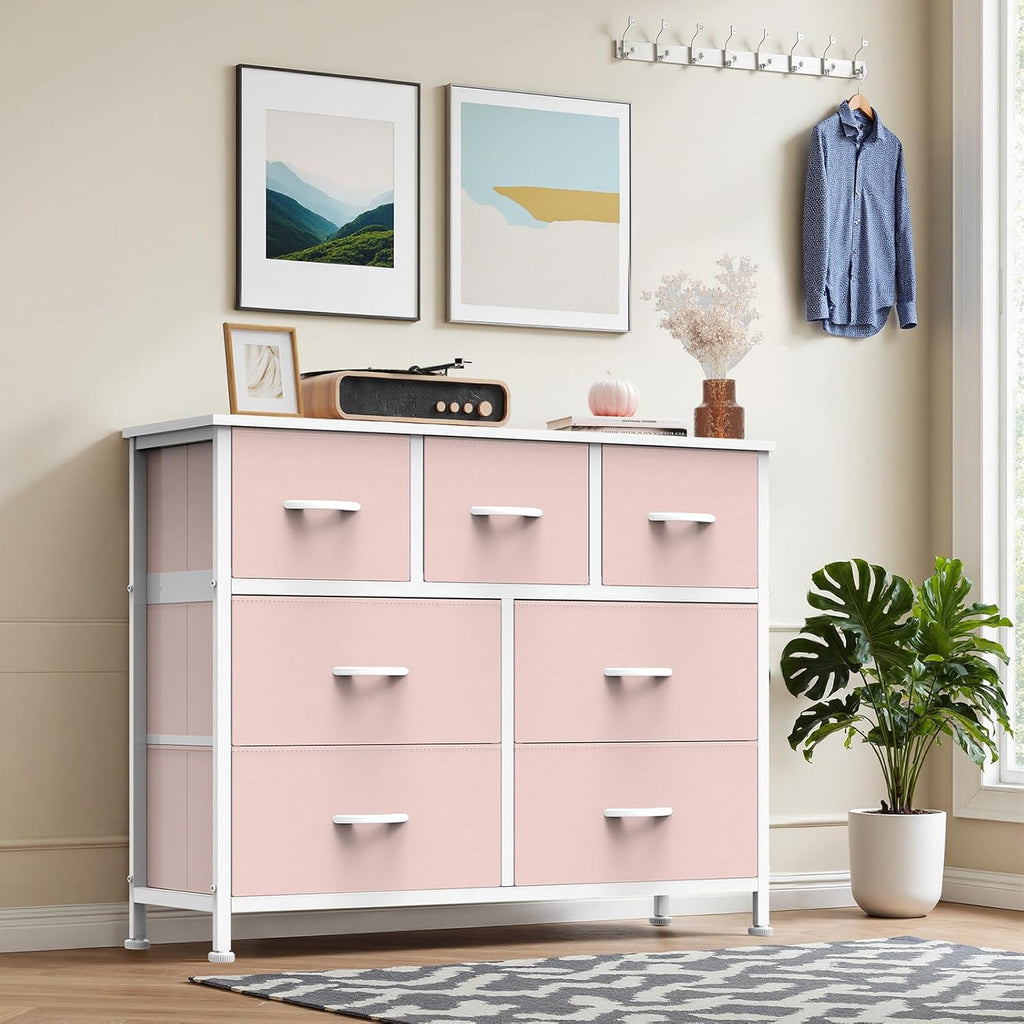 TV Stand Dresser with 7 Fabric Storage Drawers, Media Console Featuring Open Shelf for 45 inch TV, Compact Entertainment Unit for Bedroom, Living Space, or Dorm Organization, Pink