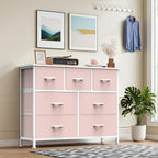 TV Stand Dresser with 7 Fabric Storage Drawers, Media Console Featuring Open Shelf for 45 inch TV, Compact Entertainment Unit for Bedroom, Living Space, or Dorm Organization, Pink