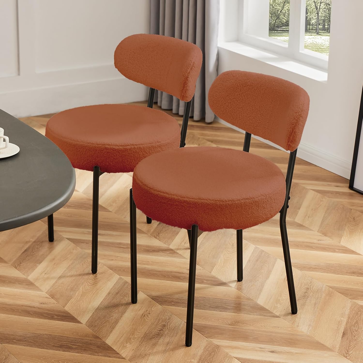 Dining Chairs Set of 6, Mid Century Modern Chair Round Upholstered Curved Backrest, Kitchen Vanity Living Room Chairs with Black Metal Legs, Orange