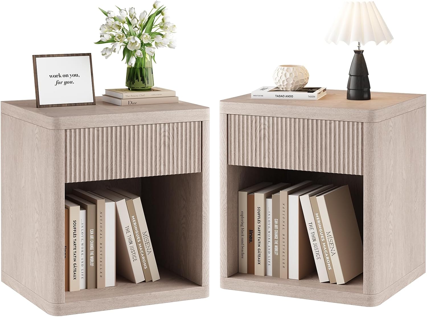 Night Stand with Charging Station, 18 Bedside Table with 2 Drawers, Modern Fluted Wood End Table with 2 AC Outlet 1 USB 1 Type-C, Mid Century Nightstand for Bedroom