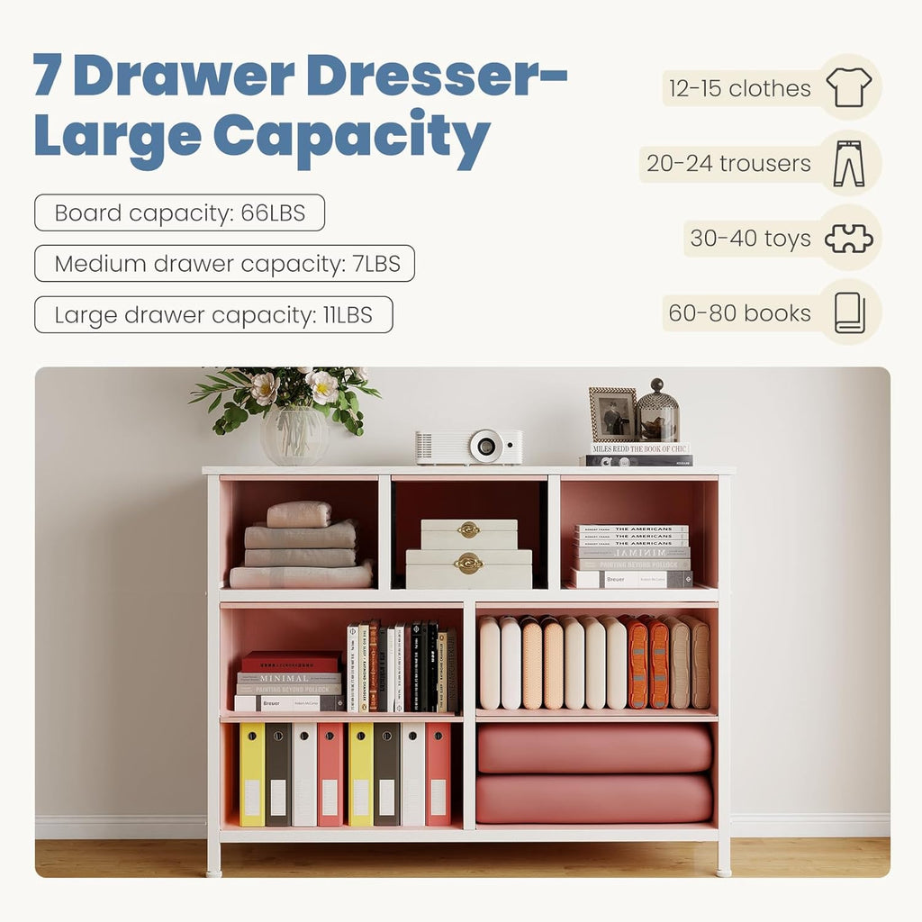 TV Stand Dresser with 7 Fabric Storage Drawers, Media Console Featuring Open Shelf for 45 inch TV, Compact Entertainment Unit for Bedroom, Living Space, or Dorm Organization, Pink