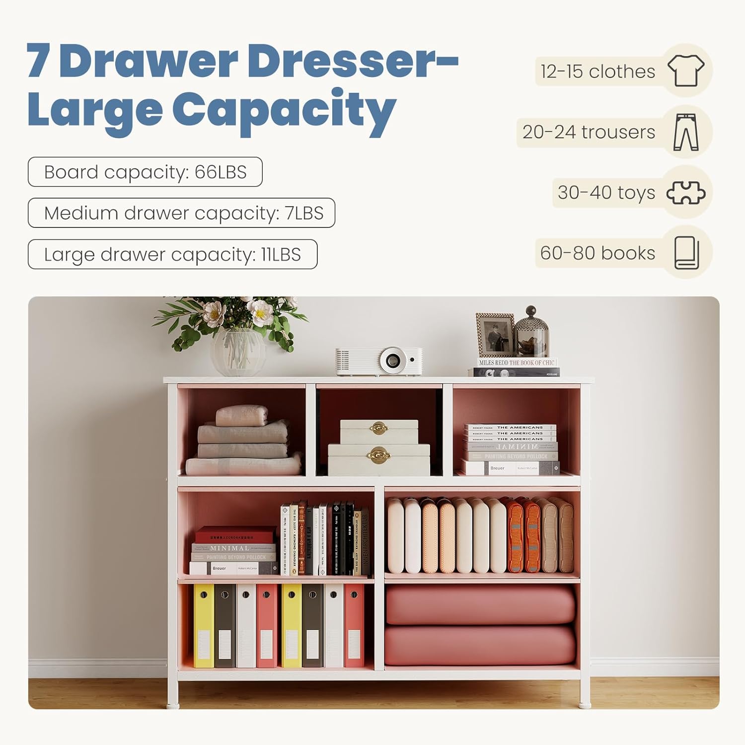 TV Stand Dresser with 7 Fabric Storage Drawers, Media Console Featuring Open Shelf for 45 inch TV, Compact Entertainment Unit for Bedroom, Living Space, or Dorm Organization, Pink