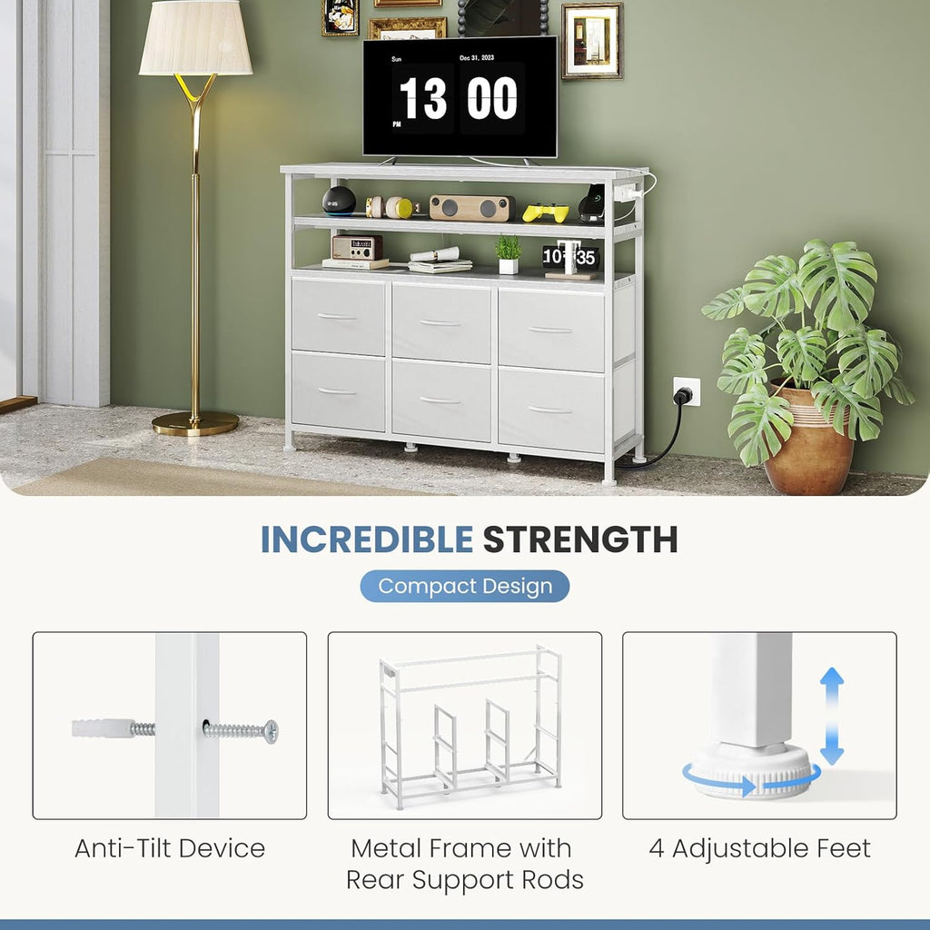 TV Stand for Up to 45 inch TV, Wood Top TV Media Console Table with 6 Fabric Drawers, 2 Shelves, Entertainment Center with LED Lights & Charging Station for Living Room, Hallway, White