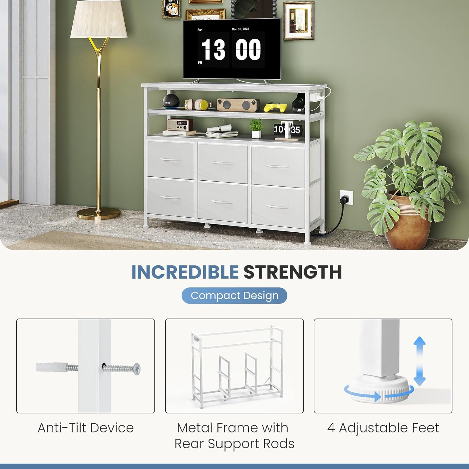 TV Stand for Up to 45 inch TV, Wood Top TV Media Console Table with 6 Fabric Drawers, 2 Shelves, Entertainment Center with LED Lights & Charging Station for Living Room, Hallway, White