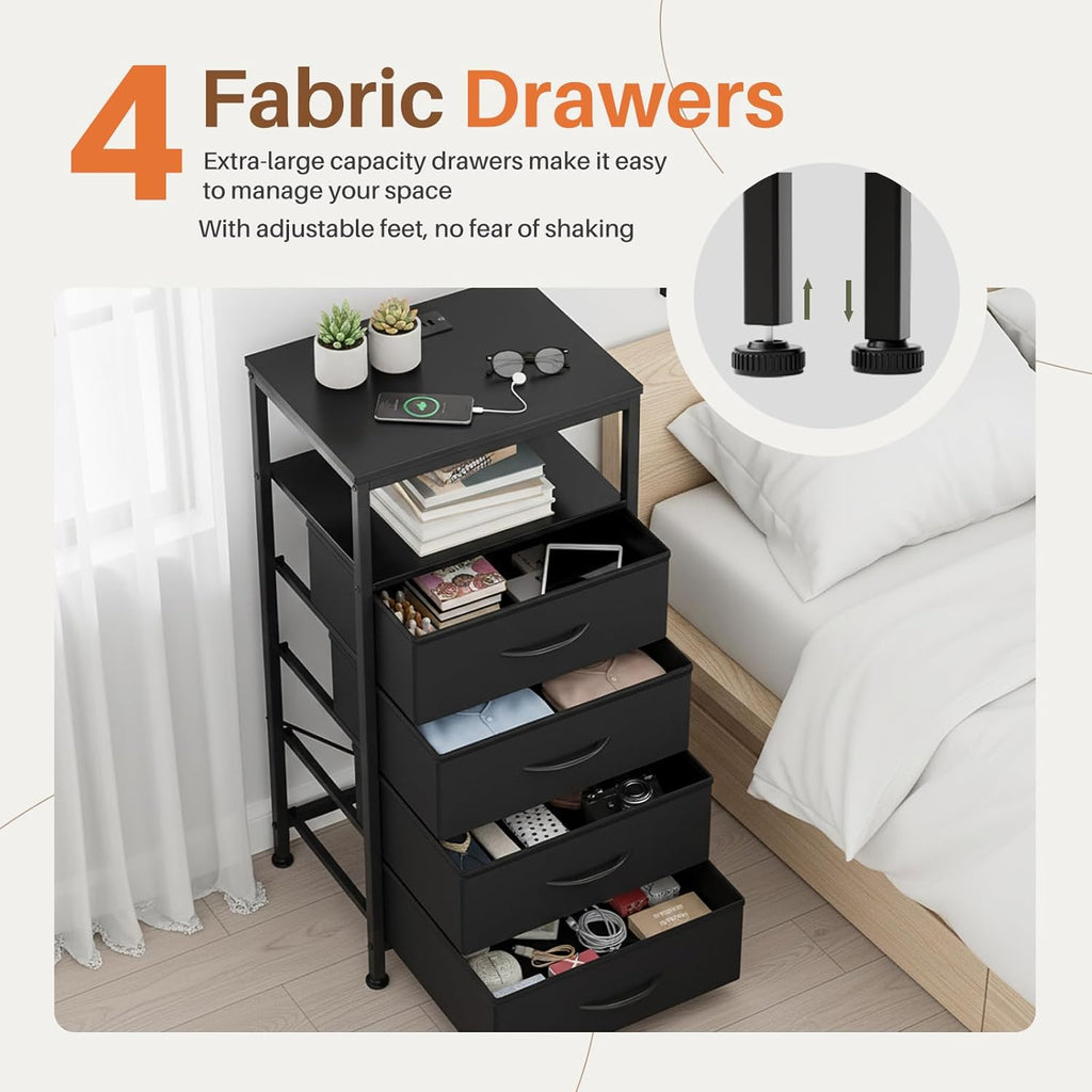 Nightstands Set of 2 with Charging Station, Bedside Table with USB Ports & Type-C, 2 Fabric Drawers Night Stand with Open Shelf, Compact End Table for Bedroom, Rustic Brown