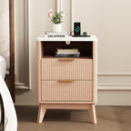 Night Stand with Charging Station, 18 Bedside Table with 2 Drawers, Modern Fluted Wood End Table with 2 AC Outlet 1 USB 1 Type-C, Mid Century Nightstand for Bedroom