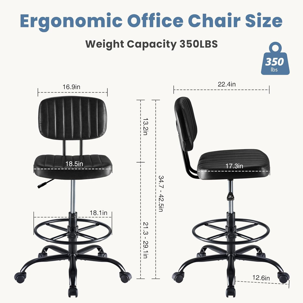 Armless Drafting Chair, Low Back Office Seat with Adjustable Footrest Ring for Standing Desk, Ergonomic PU Leather Office Seating, Swivel Rolling High Stool for Studio, Lab, Counter, Black
