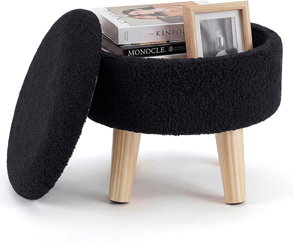 Round Storage Ottoman with Reversible Tray Lid, Multi-Functional Footrest, Teddy Velvet Footstool with Wood Legs, Small Coffee Table for Living Room, Bedroom, Black