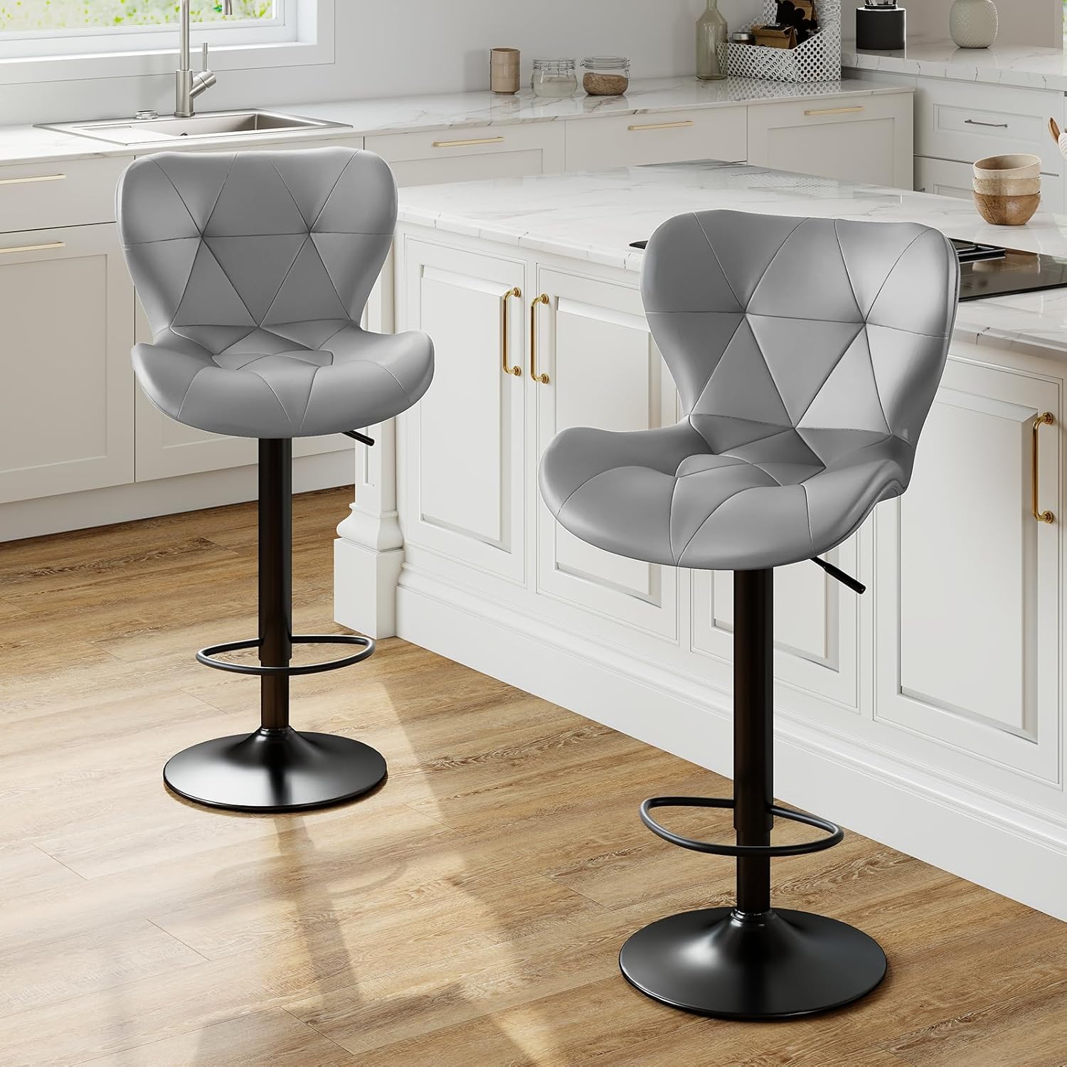 Modern Bar Stools Set of 4, Adjustable Faux Leather Upholstered Swivel Bar Stools, Counter Height Bar Chairs with Back for Kitchen Island, Grey