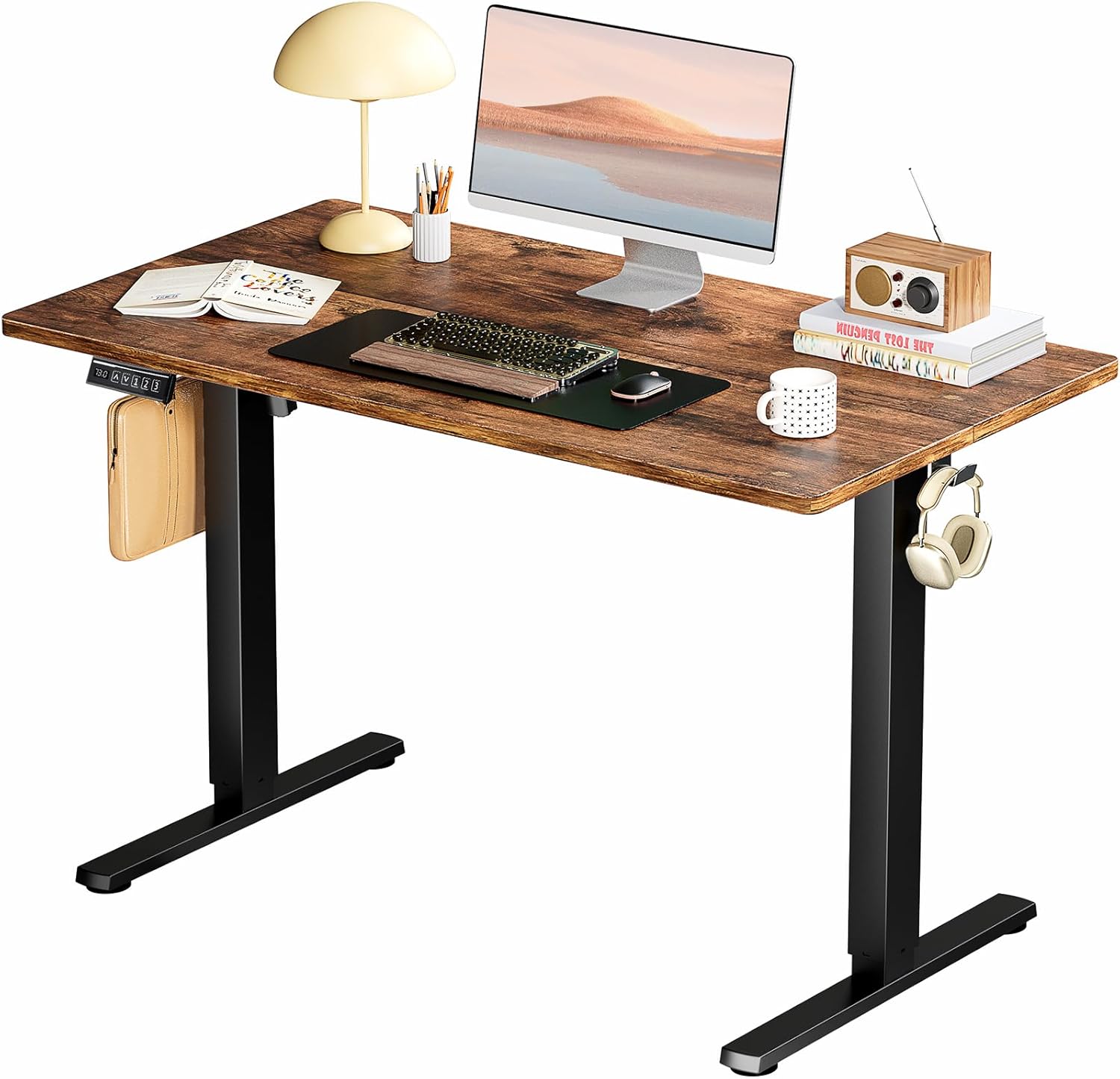 Electric Standing Desk Adjustable Height, 40x24 Inch Sit Stand Up Home Office Desks Memory Computer Workstation PC Work Table with Preset Splice Wood Board Metal Frame, Oak