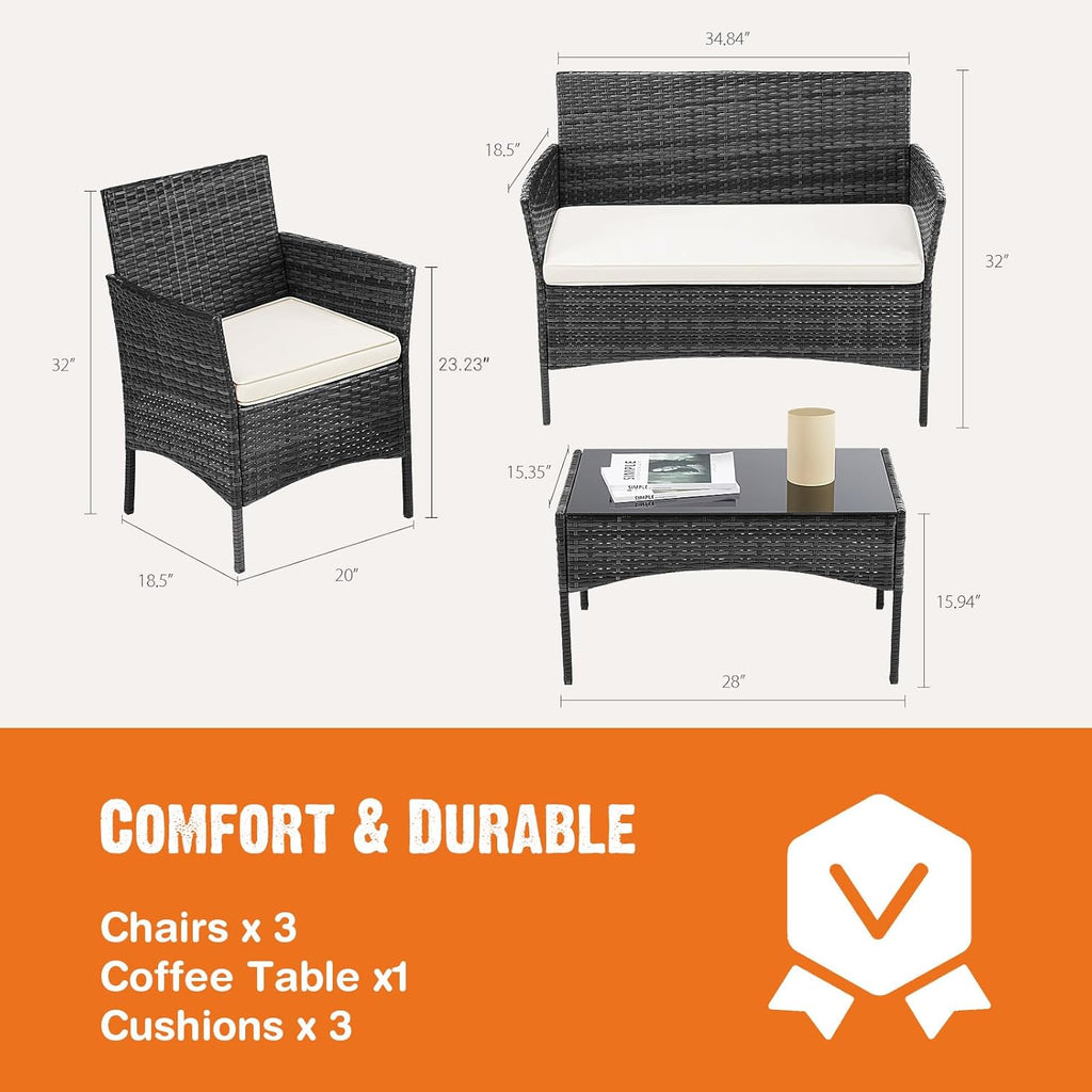 Patio Furniture Set 4 Pieces, Outdoor Furniture with Soft Cushion and Glass Table, All Weather Manual Weaving Wicker Rattan Patio Chairs for Garden, Terrace, Porch, Lawns,Black
