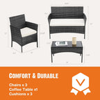 Patio Furniture Set 4 Pieces, Outdoor Furniture with Soft Cushion and Glass Table, All Weather Manual Weaving Wicker Rattan Patio Chairs for Garden, Terrace, Porch, Lawns,Black