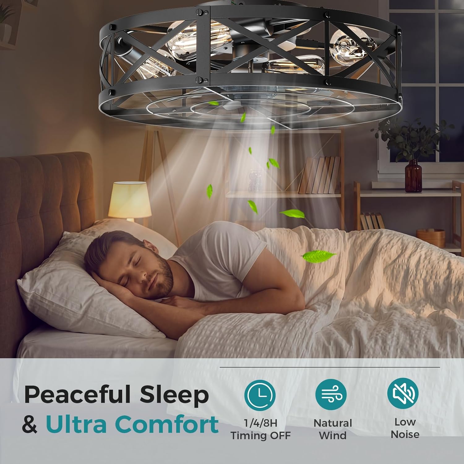 Ceiling Fans with Remote, Farmhouse Ceiling Fan, 22 Inch Low Profile Caged Fandelier, Flush Mount with 6 Wind Speeds, for Bedroom, Kitchen, Living Room, Bulbs Not Included, Black