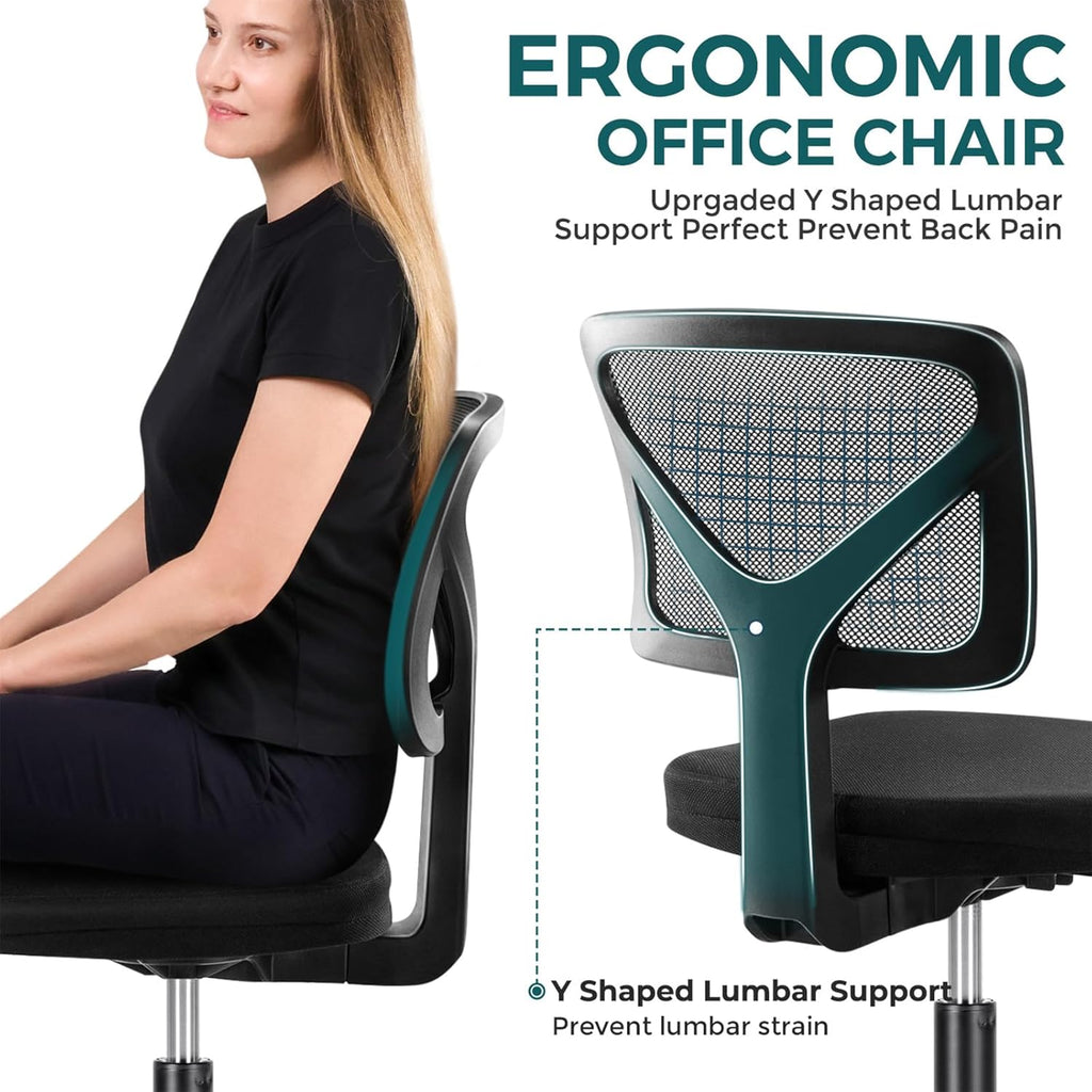 Armless Office Chairs with Wheels, Ergonomic Adjustable Home Desk Swivel Rolling Task Chair No Arms, Comfy Mesh Mid Back Computer Work Vanity Desk Chairs for Small Spaces, New Black