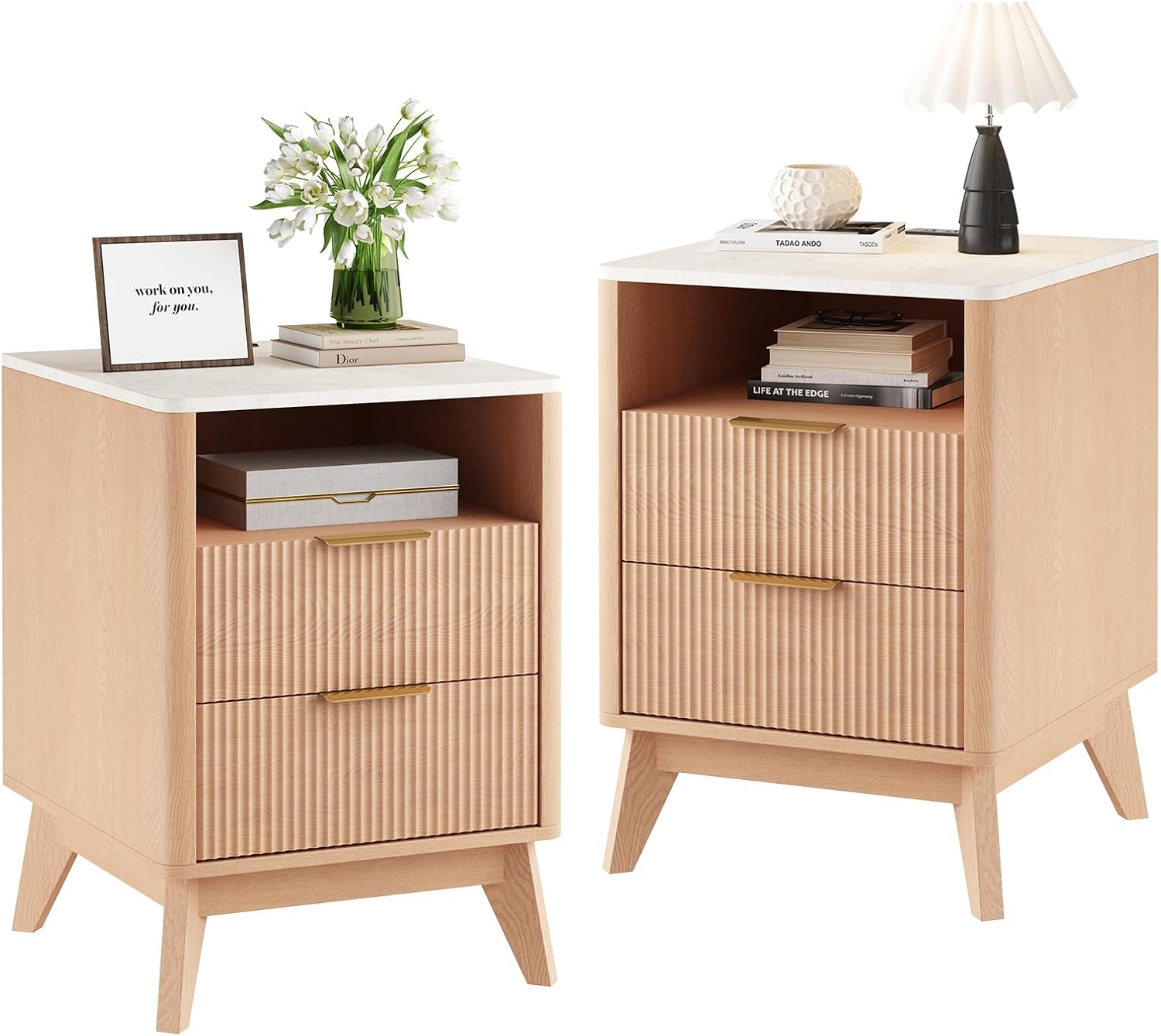 22.7 Modern Night Stand with Drawer and Open Shelf, Mid Century Bedside Table for Bedroom, Wood End Table with Fluted Front, Sturdy Compact Sofa Side Table, White Oak