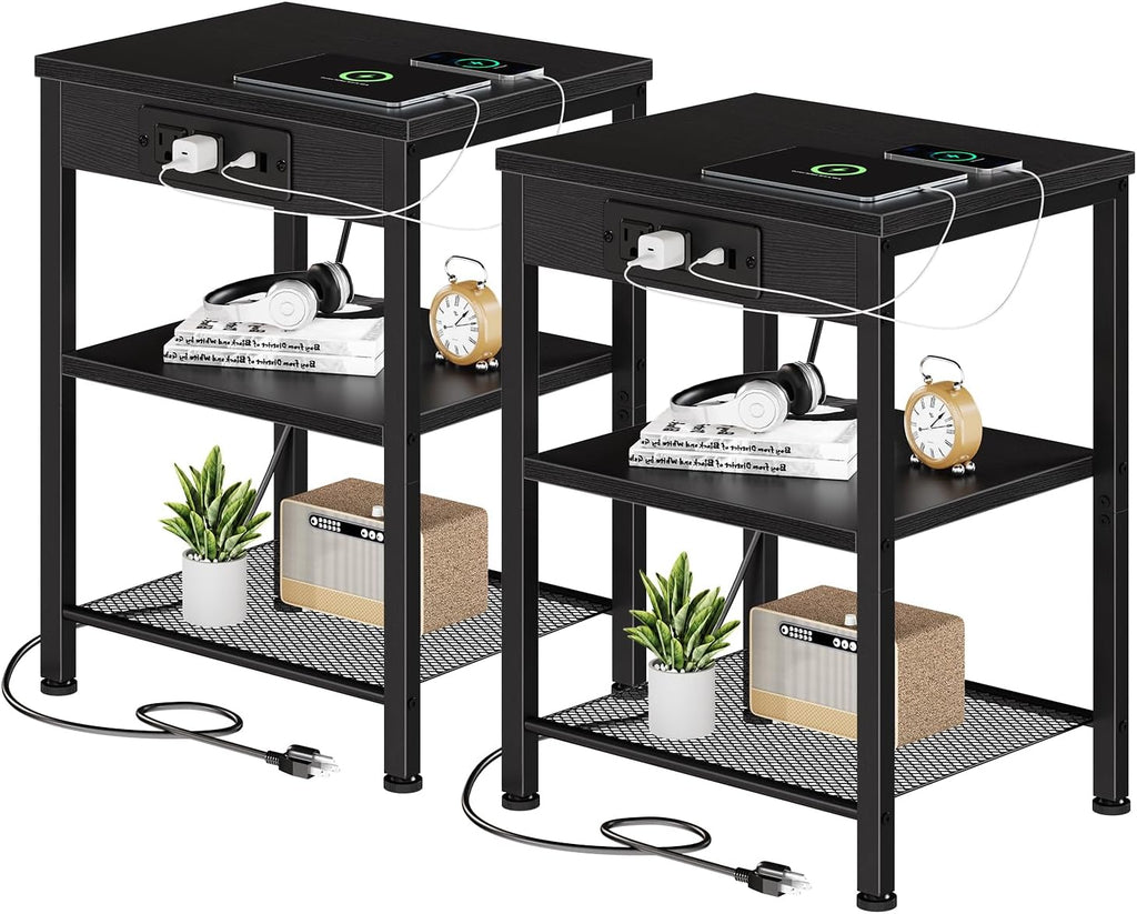 15.7 Small Side Table Set of 2 with Charging Station, End Table with Outlets & USB Ports, 3-Tier Adjustable Nightstand for Living Room, Bedroom, Small Spaces, Record Player Stand, Rustic Brown