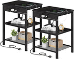 15.7 Small Side Table Set of 2 with Charging Station, End Table with Outlets & USB Ports, 3-Tier Adjustable Nightstand for Living Room, Bedroom, Small Spaces, Record Player Stand, Rustic Brown