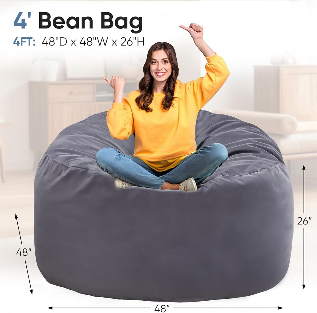 4FT Bean Bag Chair Beanbag for Adults and Kids Oversized Lazy Sofa Living Room Furniture with Removable Washable Cover Giant Comfy Gaming Chair Round Couch for Bedroom Dorm, Dark Grey