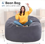 4FT Bean Bag Chair Beanbag for Adults and Kids Oversized Lazy Sofa Living Room Furniture with Removable Washable Cover Giant Comfy Gaming Chair Round Couch for Bedroom Dorm, Dark Grey