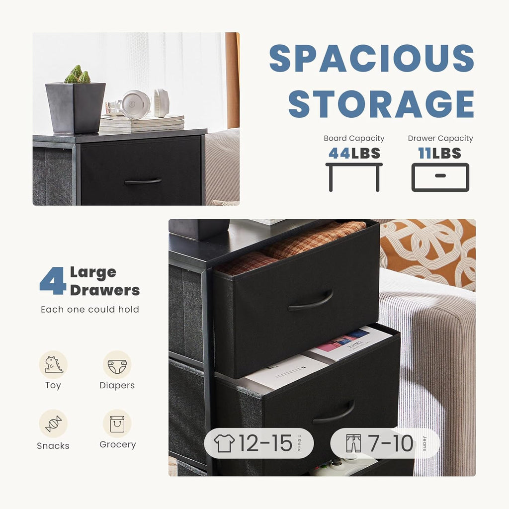 Nightstand with 4 Drawers Bedside Table with Removable Fabric Bins Sturdy Steel Frame Wood Top Organizer Furniture for Bedroom Closet Living Room