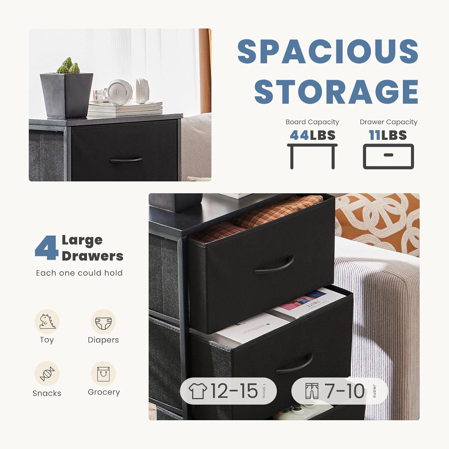 Nightstand with 4 Drawers Bedside Table with Removable Fabric Bins Sturdy Steel Frame Wood Top Organizer Furniture for Bedroom Closet Living Room