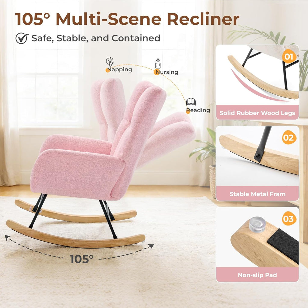 Nursery Rocking Chair Teddy Upholstered, Comfy Glider Rocker with High Backrest Armchair Padded Seat, Accent Side Chair for Living Room Bedroom Offices Small Spaces Indoor, Pink