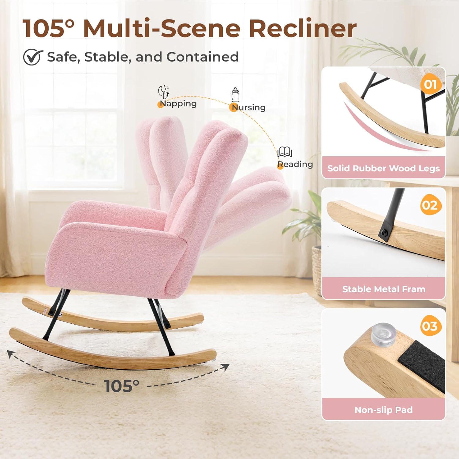 Nursery Rocking Chair Teddy Upholstered, Comfy Glider Rocker with High Backrest Armchair Padded Seat, Accent Side Chair for Living Room Bedroom Offices Small Spaces Indoor, Pink