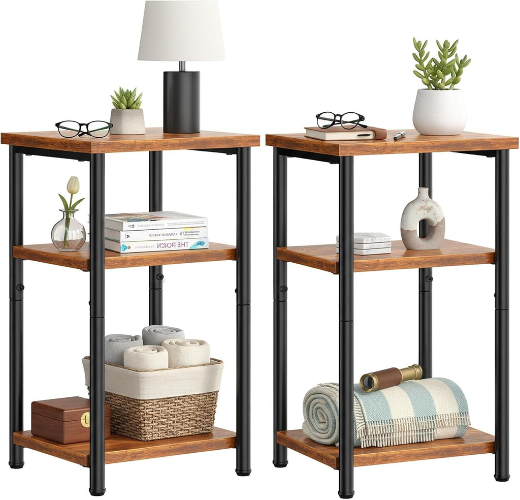 3 Tier End Table for Small Space, Side Sofa Tables Storage Shelf, Nightstand with Adjustable Feet for Living Room, Bedroom, Office, Set of 2, Rustic Brown