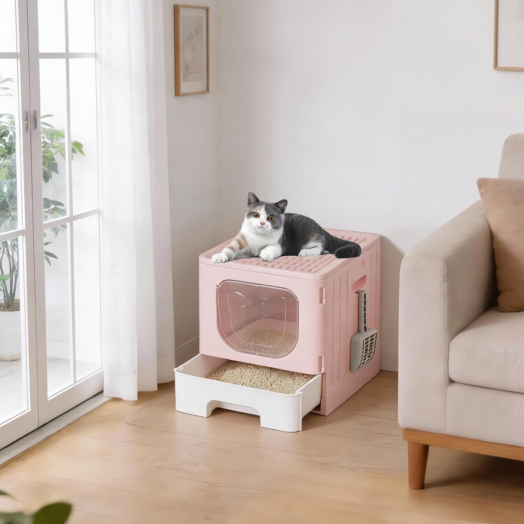 Cat Litter Box with Lid, Large Foldable Cat Box with Litter Scoop, Front Entry Top Exit Kitty Litter Box with Door, Easy Cleaning Drawer Design Odor Control, Pink